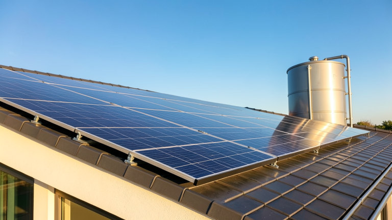 eau chaude photovoltaïque installée sur le toit d'une maison moderne avec panneaux solaires brillants sous un ciel bleu