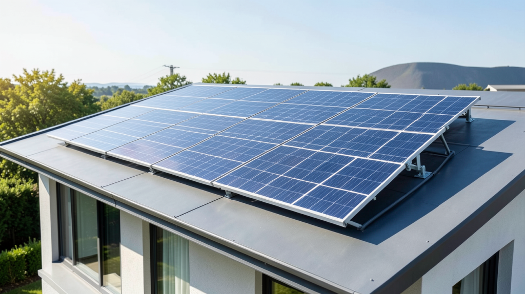 eau chaude sanitaire solaire installée sur le toit d'une maison moderne, panneaux thermiques captant le soleil