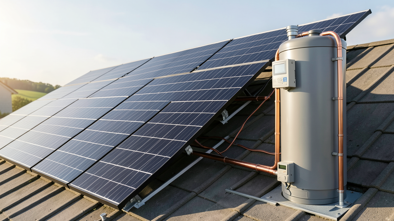 eau chaude sanitaire solaire système thermique détaillé avec panneaux solaires thermiques et ballon de stockage