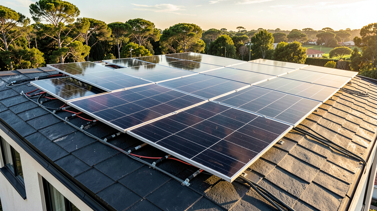 ece photovoltaïque installation sur le toit d'une maison avec panneaux solaires noirs