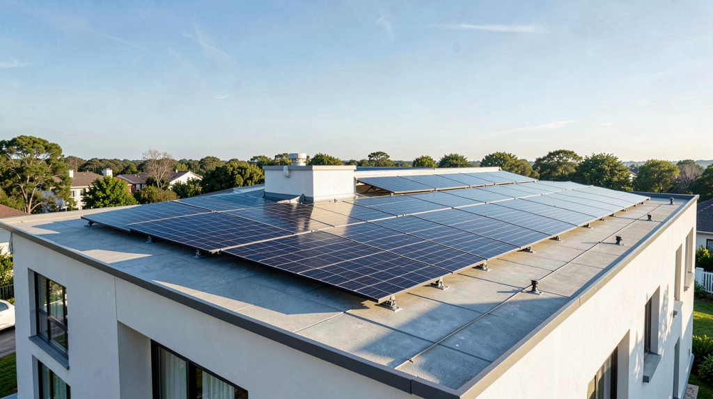 ece photovoltaique installation sur le toit d'une maison contemporaine avec des panneaux solaires noirs
