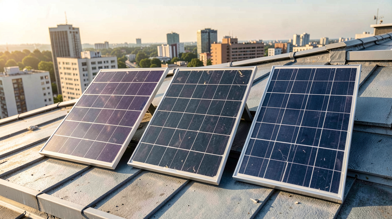 eco habitat énergie panneau photovoltaïque présentant trois types de panneaux solaires (monocristallin, polycristallin et couche mince) installés sur un toit