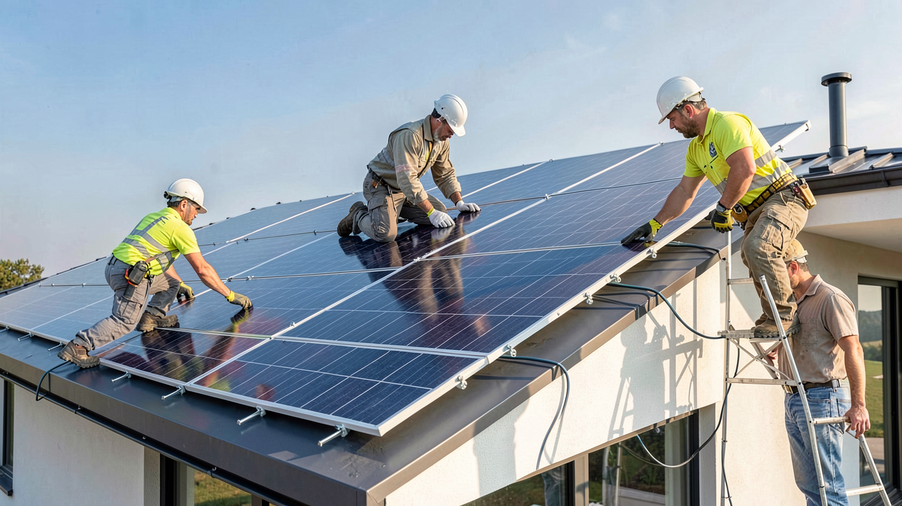 eco habitat énergie panneau photovoltaïque : installation des panneaux sur le toit d'une maison moderne par des techniciens en combinaison de travail