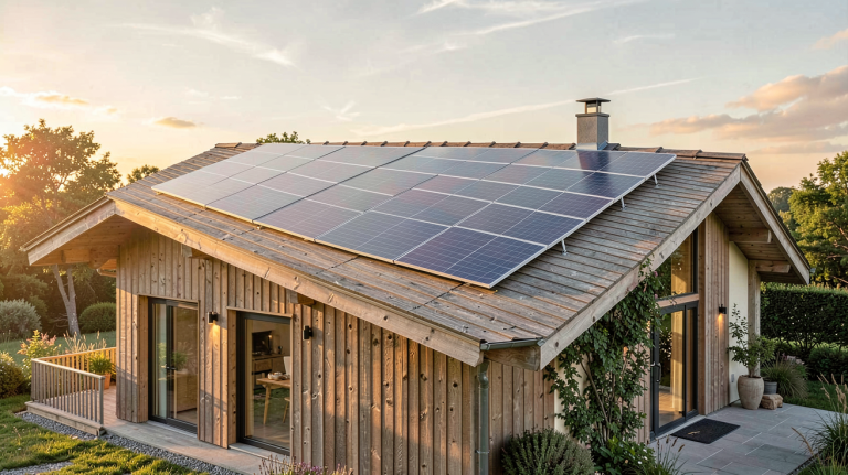 eco habitat énergie panneau photovoltaïque installé sur le toit d'une maison écologique
