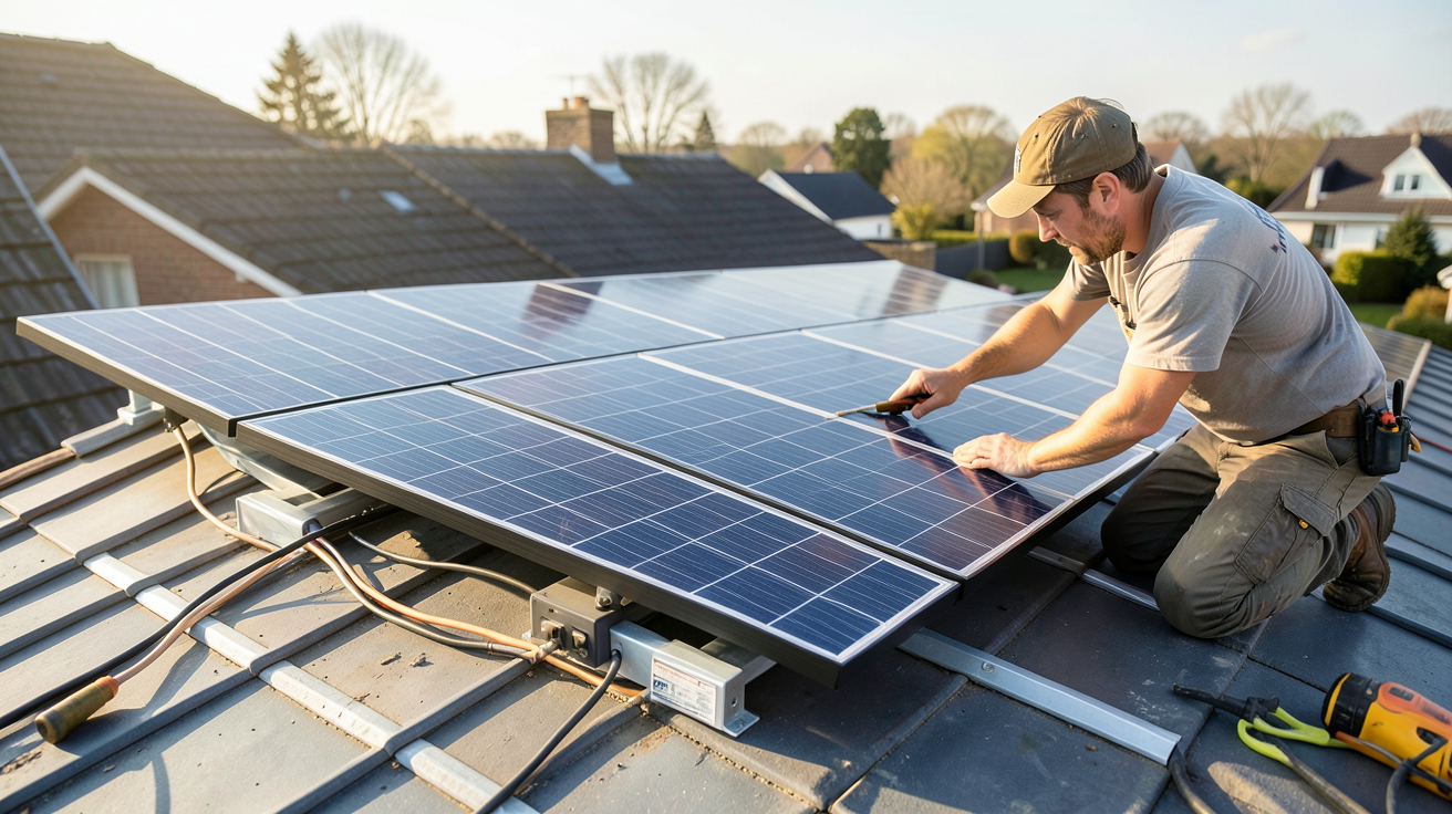 eco worthy panneau solaire en cours d'installation sur un toit résidentiel par un technicien professionnel