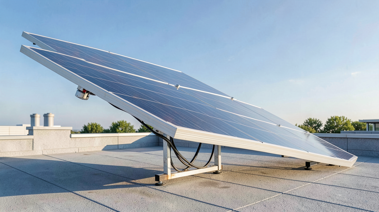 ecoflow delta panneau solaire installé sur un toit avec un ciel bleu dégagé