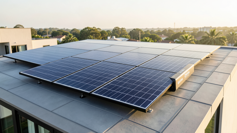 ecoflow delta pro panneau solaire installé sur le toit d'une maison contemporaine, capturé en plein jour