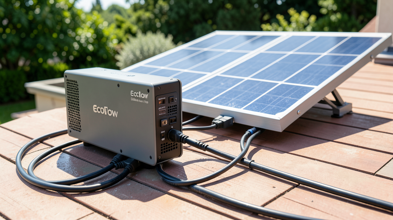 ecoflow delta pro panneau solaire utilisé pour la recharge de la batterie en extérieur sous le soleil.