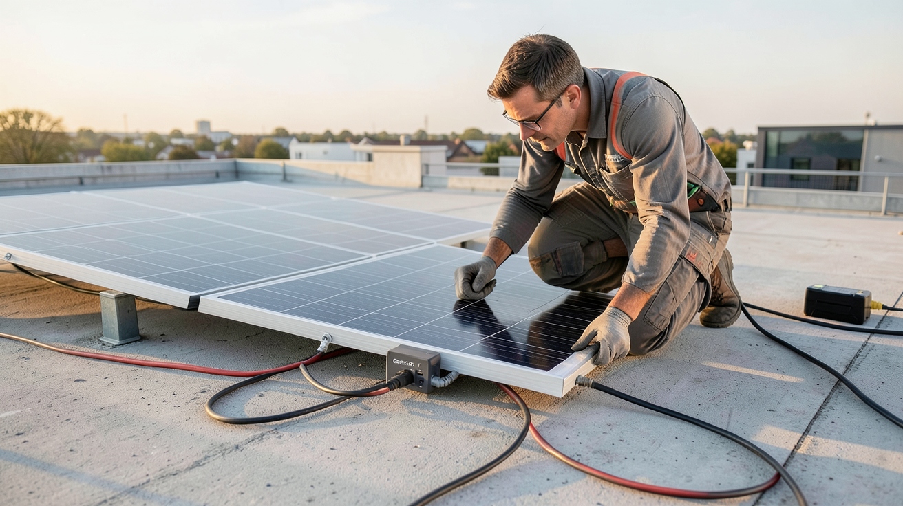 ecoflow panneau solaire 160w en cours d'installation sur un toit par un technicien professionnel