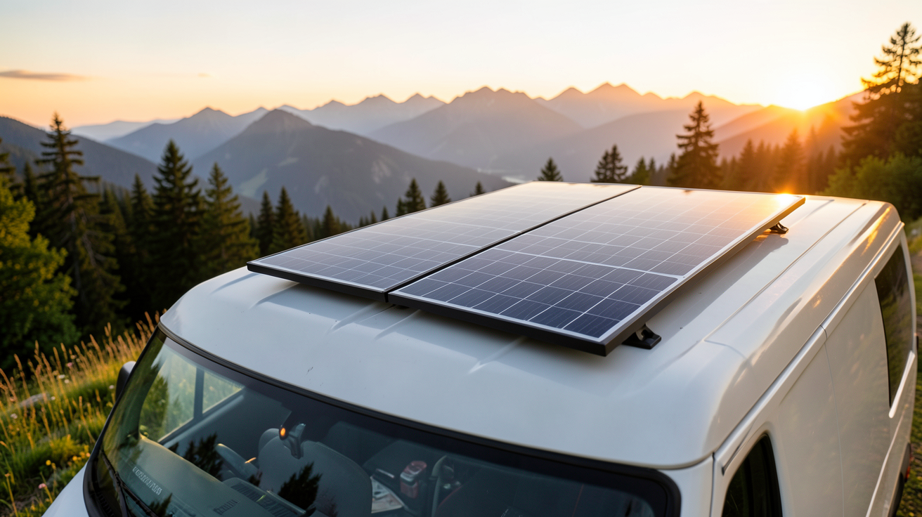 ecoflow panneau solaire 160w installé sur le toit d'un van aménagé en montagne