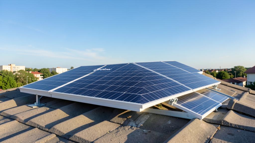 ecoflow panneau solaire 400w installé sur un toit résidentiel avec ciel bleu dégagé