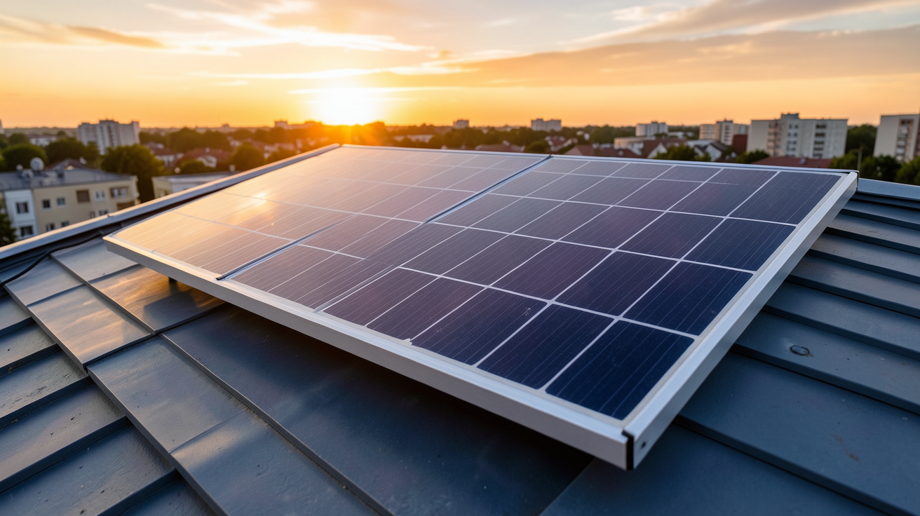 ecoflow panneau solaire posé sur un toit incliné avec lumière dorée du coucher de soleil