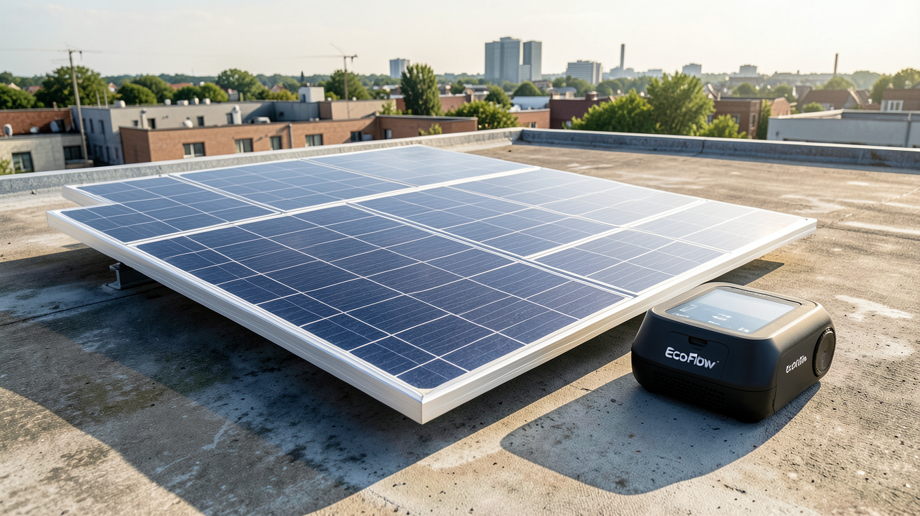 ecoflow river pro panneau solaire installé sur un toit avec la station portable à côté, guide d'installation pour autonomie énergétique