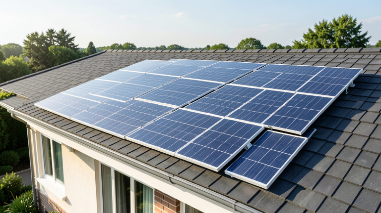 ecoflow river pro panneau solaire installé sur le toit d'une maison avec le dispositif EcoFlow River Pro sous la lumière du jour