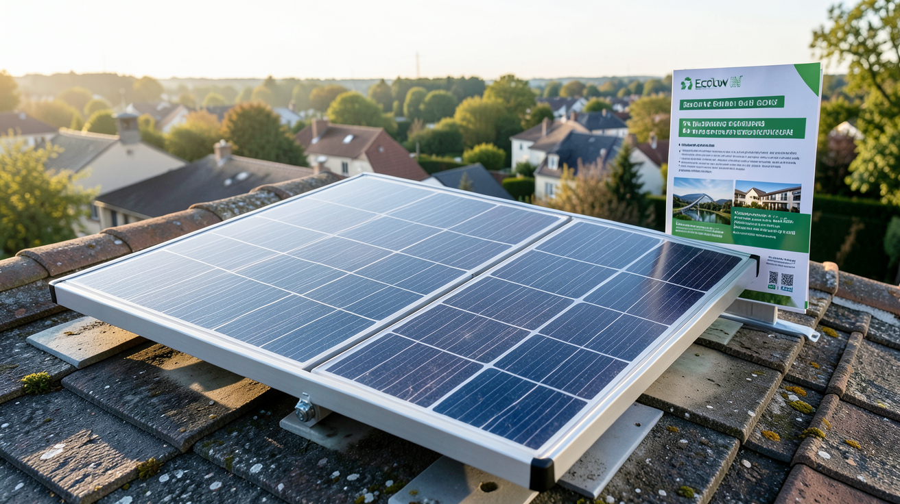 ecoflow solaire panneau installé sur toit avec document de subvention française en arrière-plan