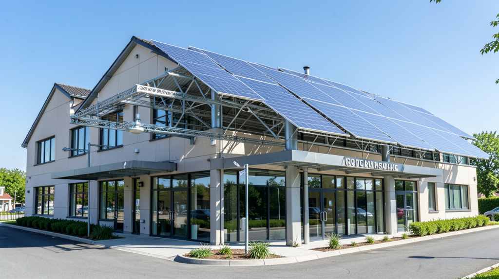 economie avec panneau photovoltaique montrant des panneaux solaires installés sur le toit d'une entreprise, sous une lumière naturelle et un ciel dégagé
