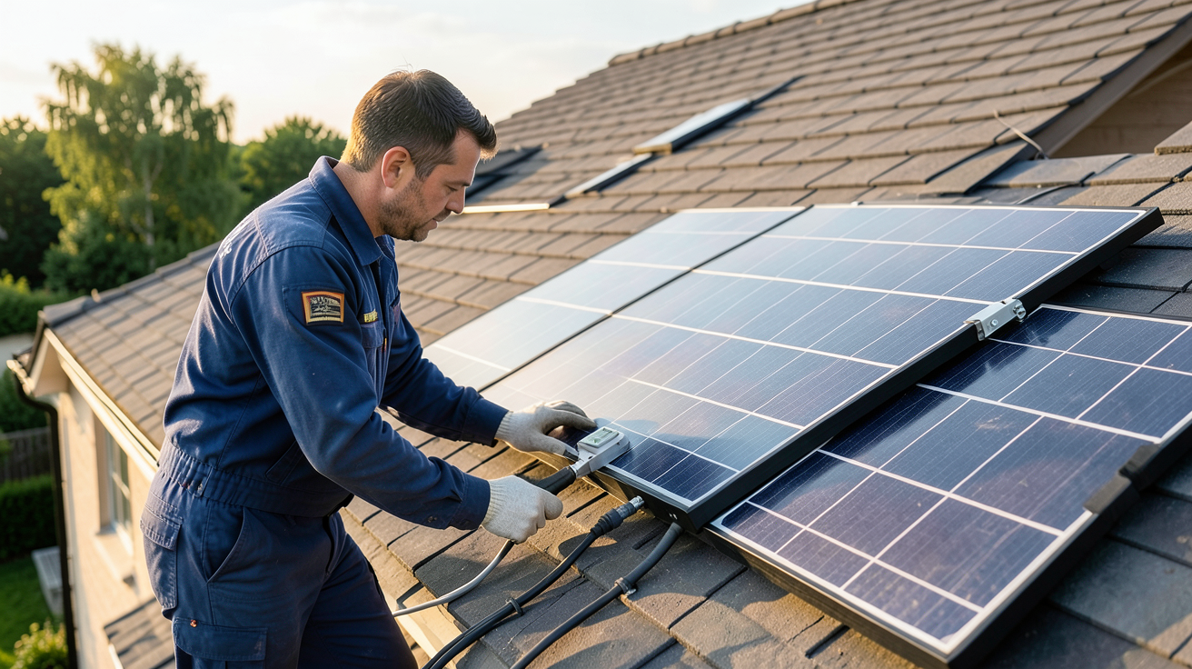 économie avec panneau photovoltaïque : technicien optimisant l'orientation et l'inclinaison d'un panneau solaire sur un toit