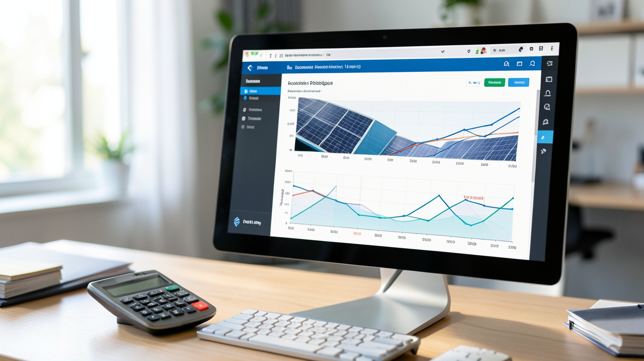 economie photovoltaique calculée via simulateur sur écran d'ordinateur dans un bureau moderne