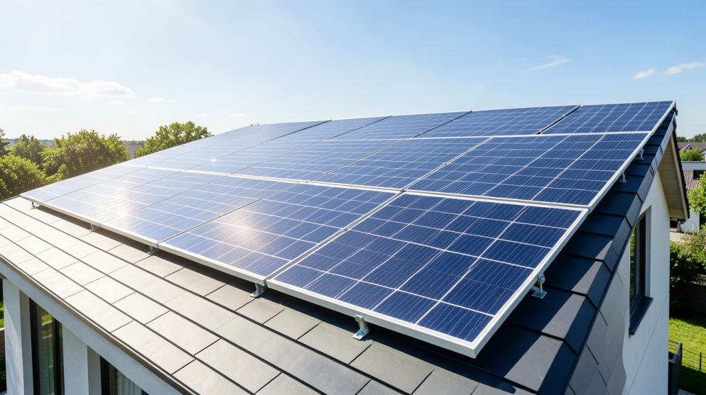 economie photovoltaique illustrée par des panneaux solaires sur le toit d'une résidence moderne