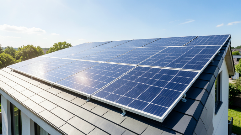 economie photovoltaique illustrée par des panneaux solaires sur le toit d'une résidence moderne