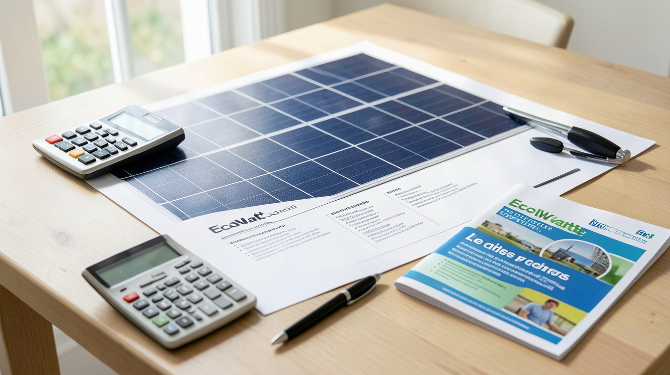 ecowatt panneau solaire prix 2026 devis et aides financières sur une table en bois avec calculatrice et documents