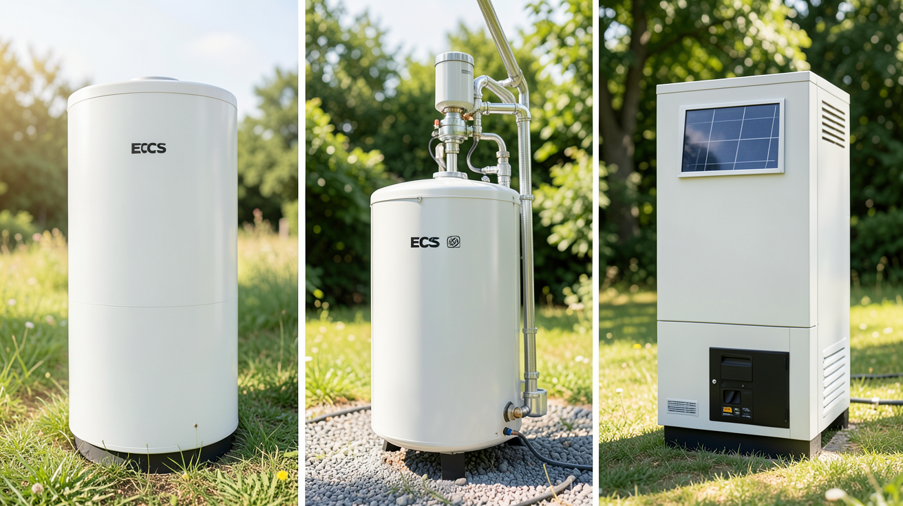 ecs solaire présentant trois types de systèmes : chauffe-eau à thermosiphon, système à circulation forcée et système à appoint intégré