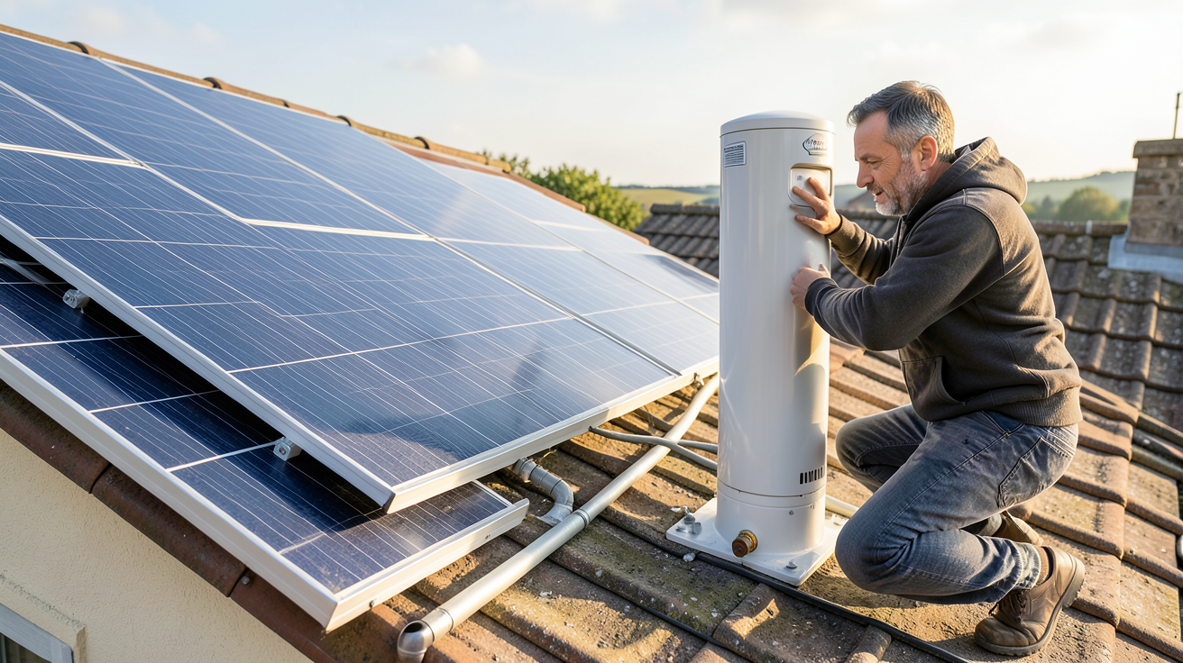 écs solaire : étapes d'installation d'un chauffe-eau solaire sur un toit de maison