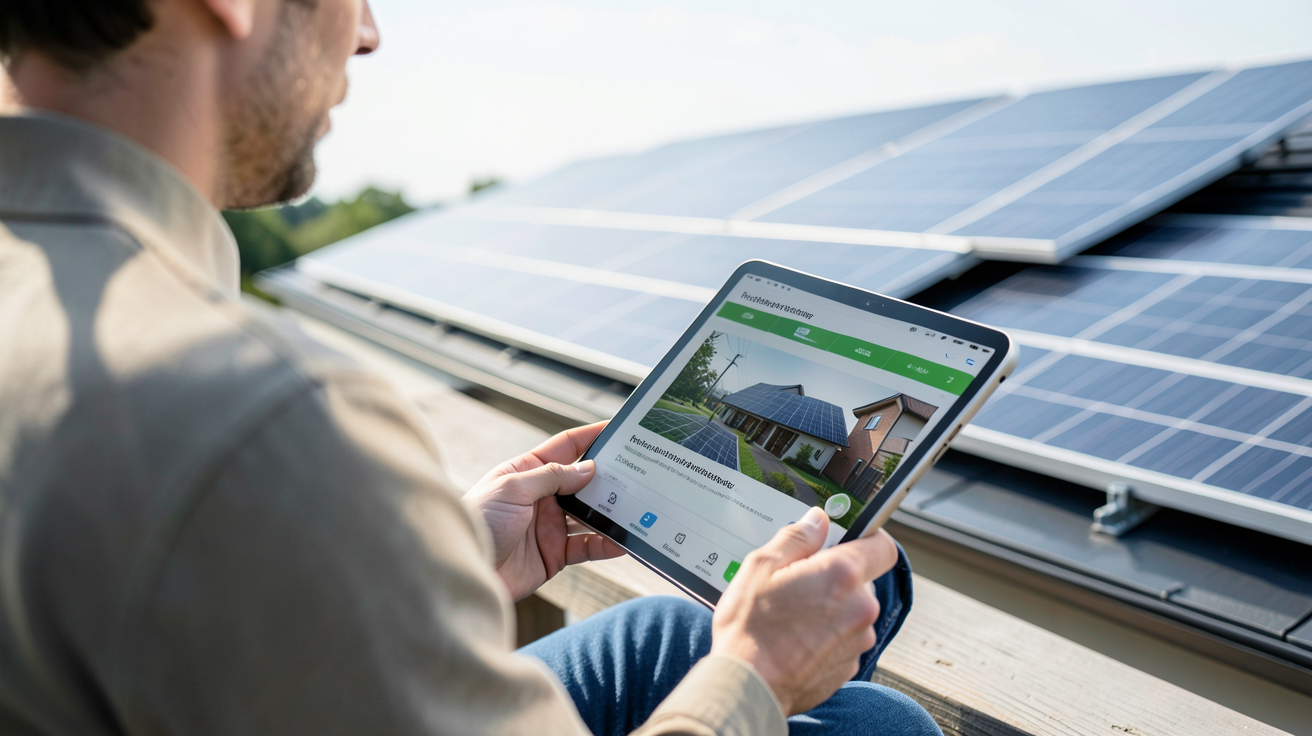 edf autoconsommation illustré par une personne gérant son installation solaire sur une tablette numérique.