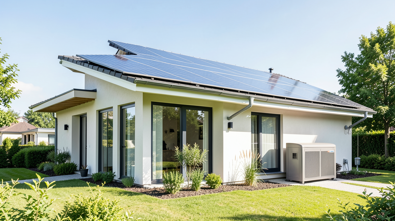 edf autoconsommation illustration d'une maison avec panneaux solaires et batterie de stockage, montrant le concept d'autoconsommation électrique