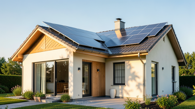 edf autoconsommation avec installation de panneaux solaires sur le toit d'une maison résidentielle moderne