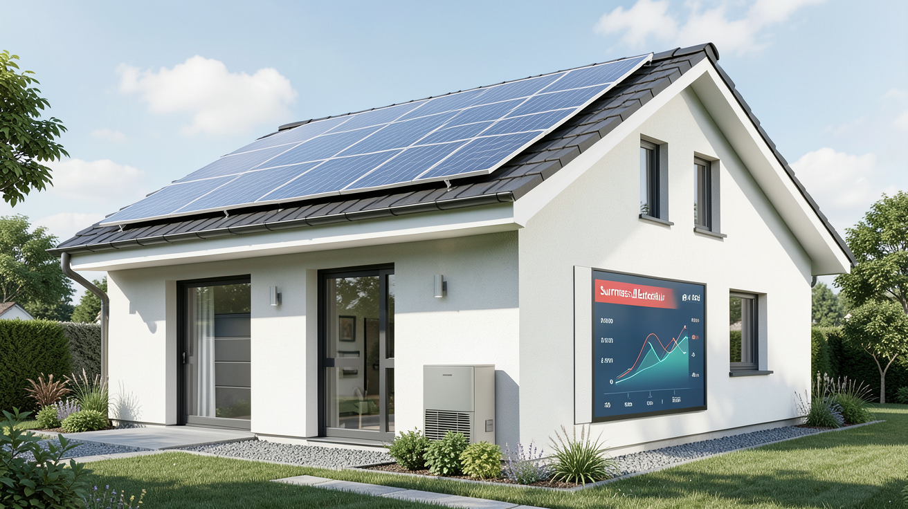edf autoconsommation surplus d'électricité affiché sur un écran de suivi énergétique avec panneaux solaires et batterie domestique