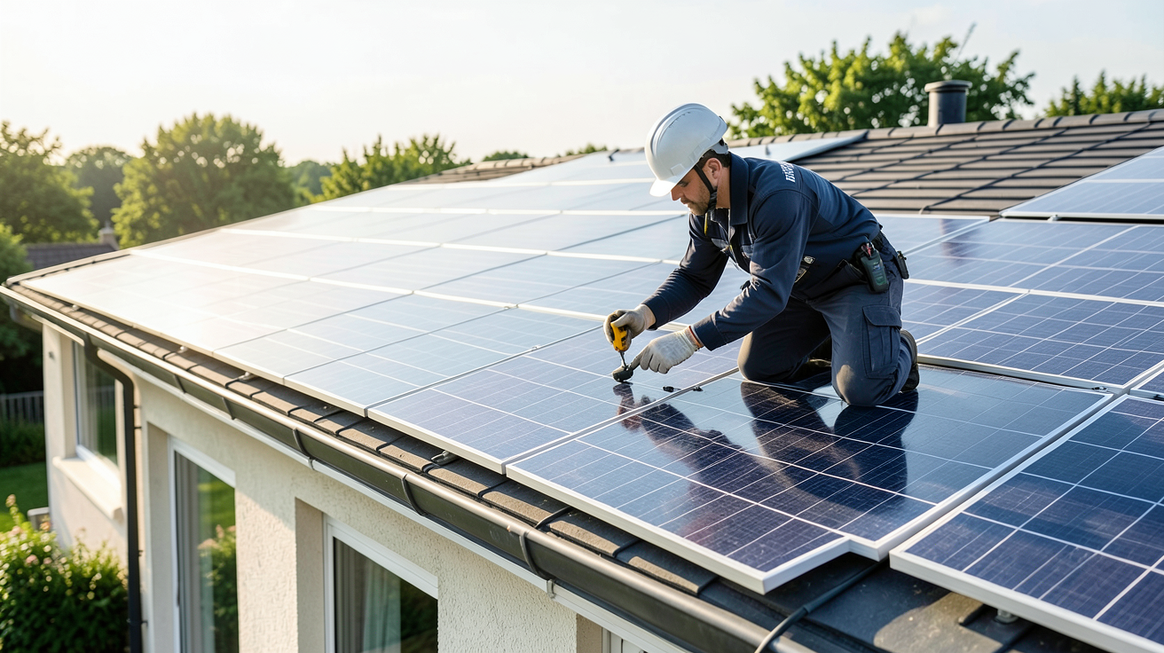 edf enr panneaux photovoltaïques installation sur toit avec technicien vérifiant les connexions