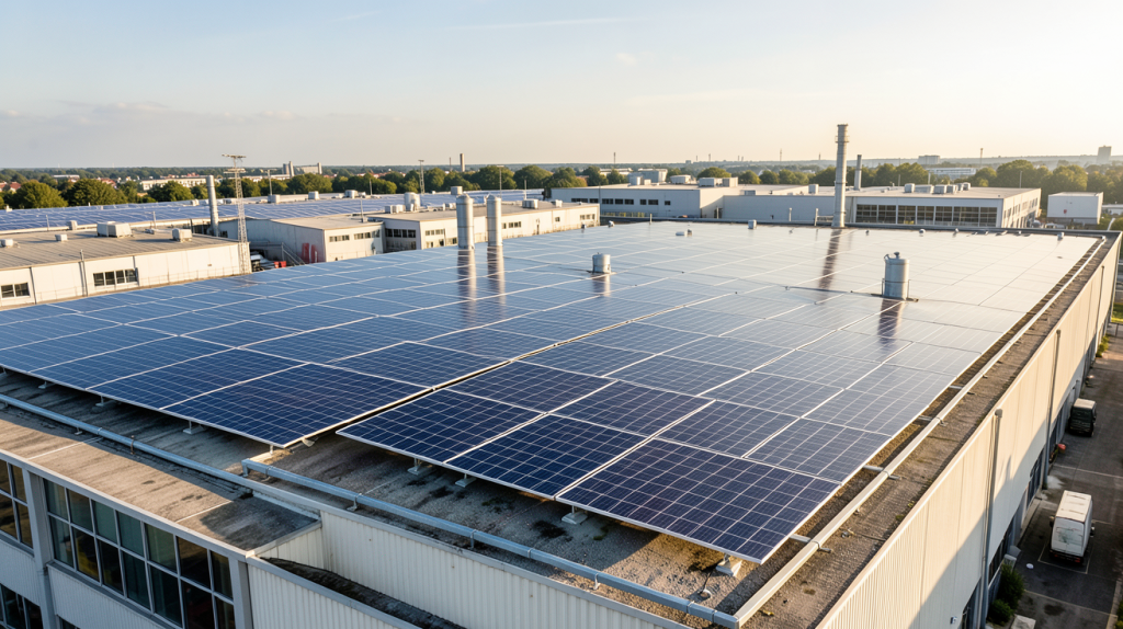 edf enr photovoltaique montre des panneaux solaires modernes sur le toit d'une usine sous un ciel bleu lumineux