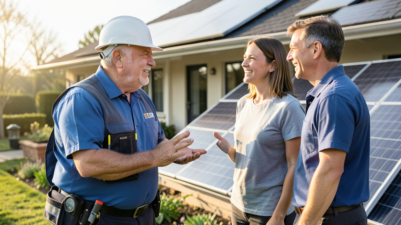 edf enr photovoltaique : installateur discutant avec un particulier et un professionnel devant une maison équipée de panneaux solaires