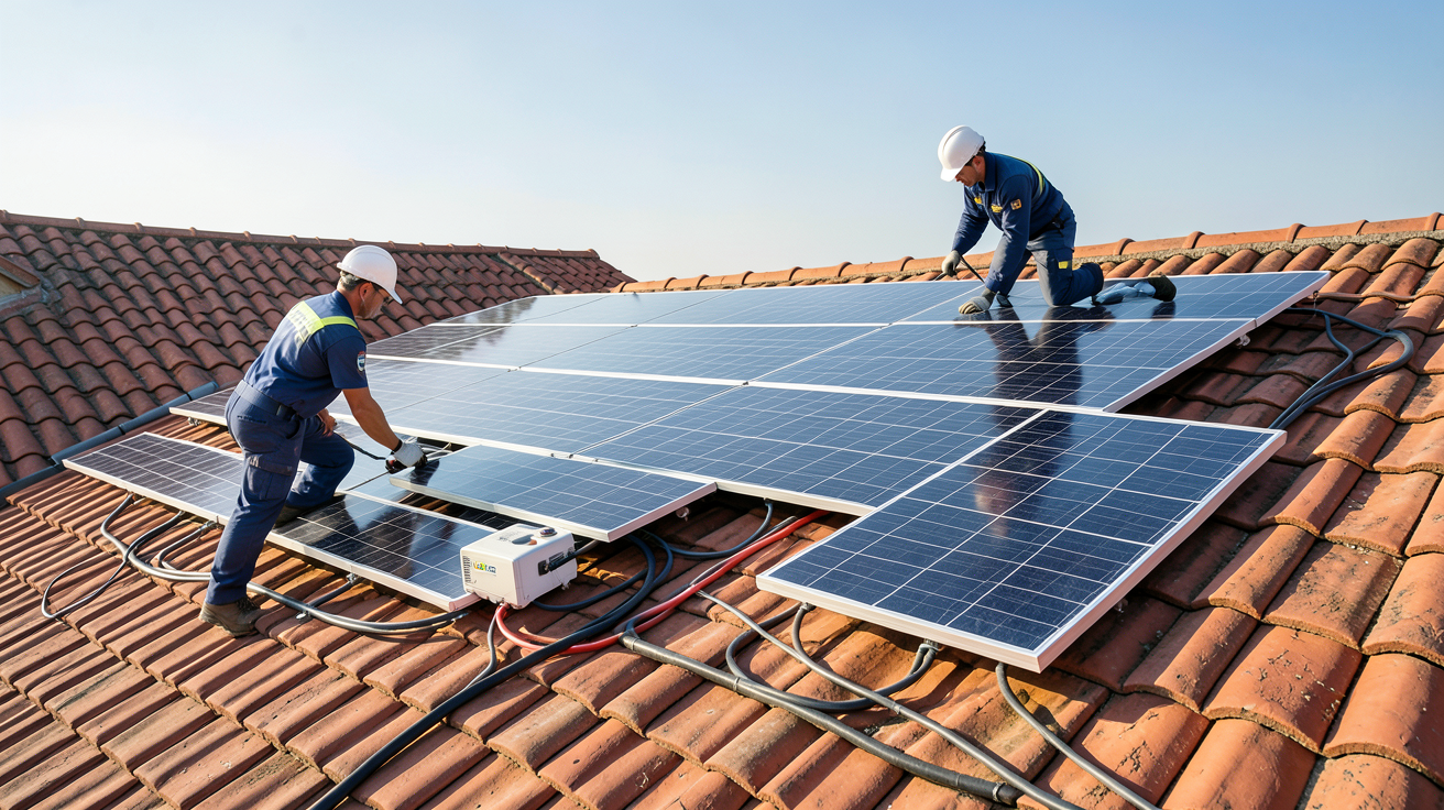 edf enr prix installation panneaux solaires sur toit de maison individuelle avec techniciens en combinaison