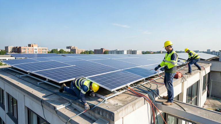 edf et panneaux photovoltaïques installés sur le toit d'un immeuble en ville