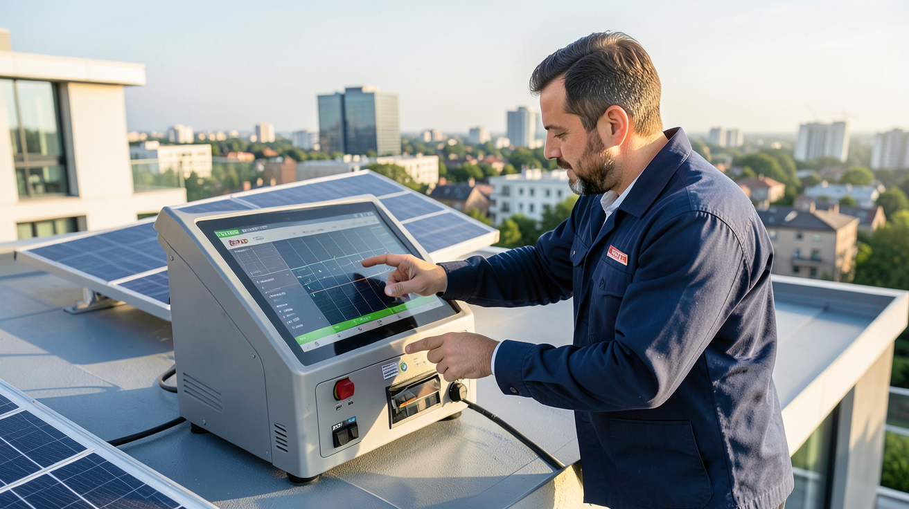 edf et panneaux photovoltaiques : technicien vérifiant le suivi et l'optimisation de la production solaire sur un toit de maison moderne
