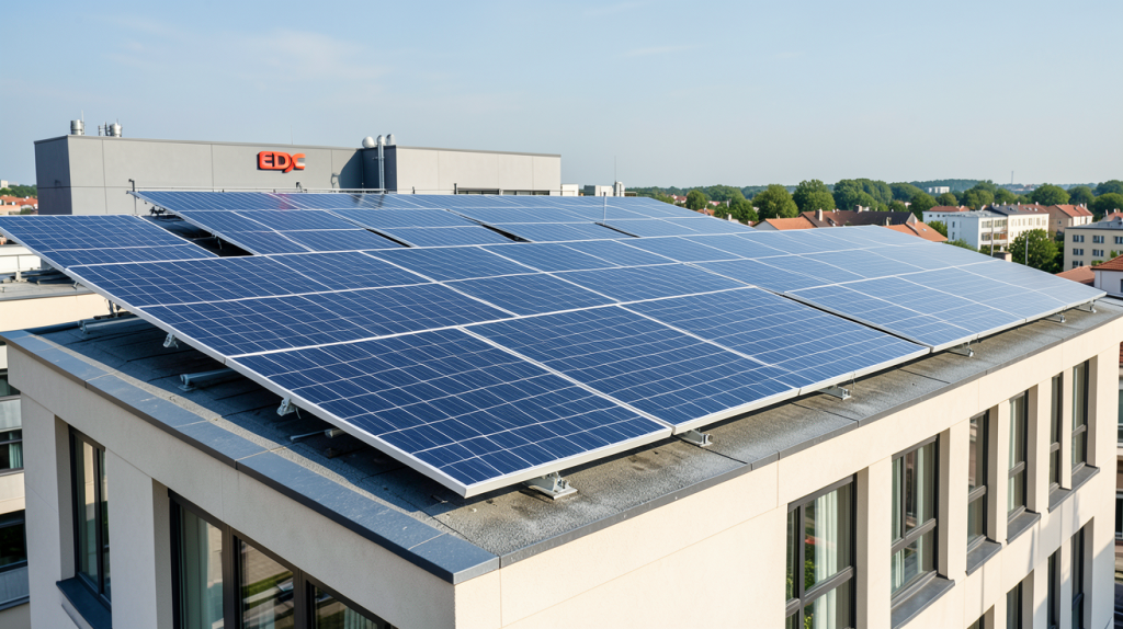 edf et panneaux solaires installés sur le toit d'une centrale EDF, vue en plein jour