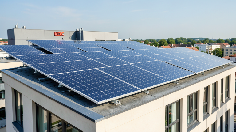 edf et panneaux solaires installés sur le toit d'une centrale EDF, vue en plein jour