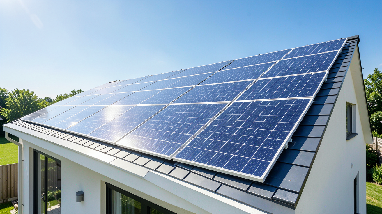 edf et panneaux solaires installés sur le toit d'une habitation moderne sous une lumière naturelle