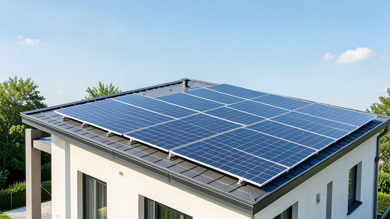 edf et panneaux solaires installés sur le toit d'une maison moderne sous un soleil éclatant