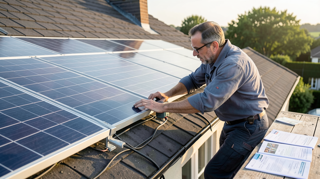edf installation panneau photovoltaique avec technicien en action et documents d'aides financières