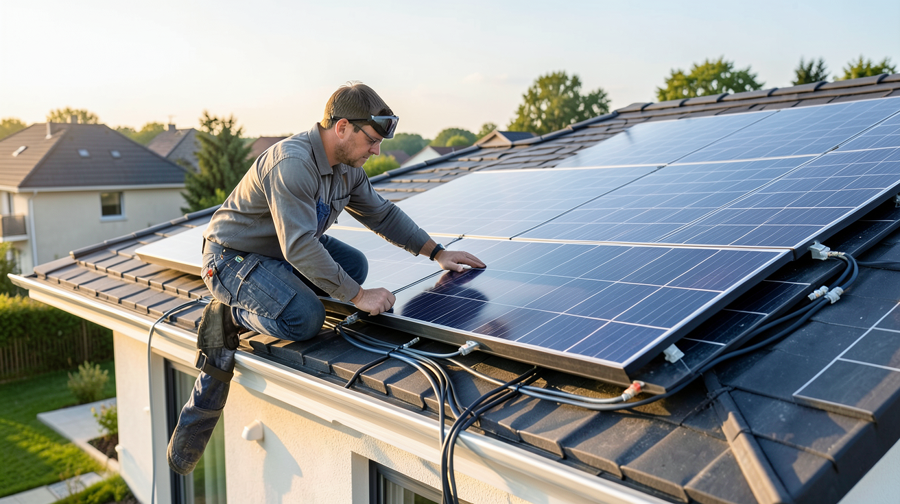 technicien EDF installant des panneaux photovoltaïques sur le toit d'une maison pour illustrer le coût, le retour sur investissement et les économies d'énergie