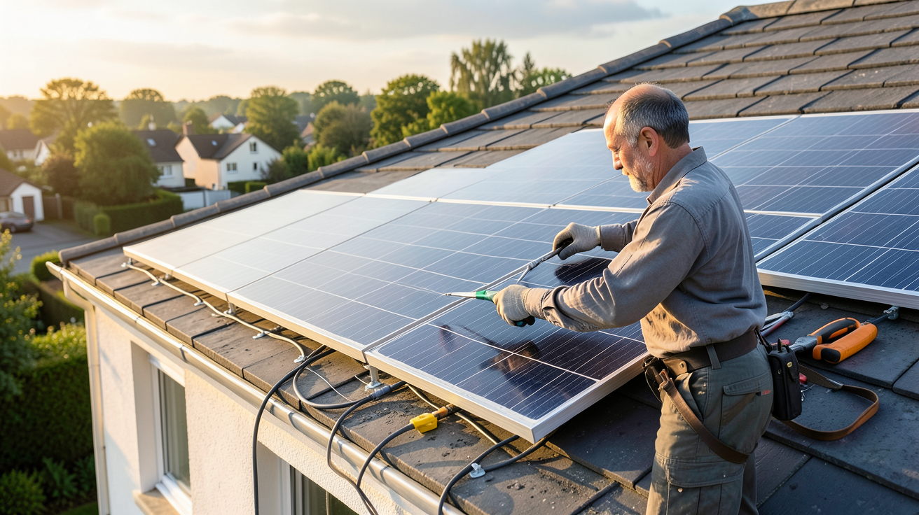 technicien EDF installant un panneau photovoltaïque sur le toit d'une maison lors des étapes d'installation