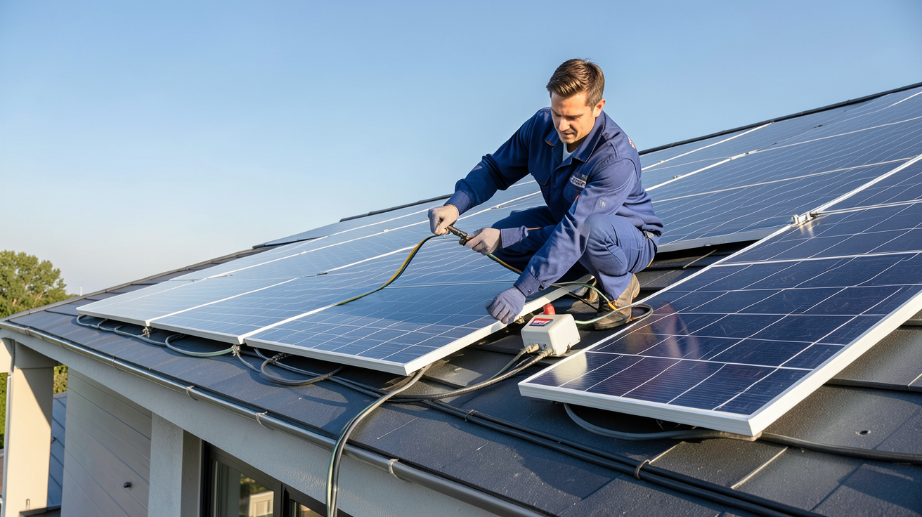 technicien EDF installant des panneaux solaires sur le toit d'une maison avec calculatrice et documents de prix à côté