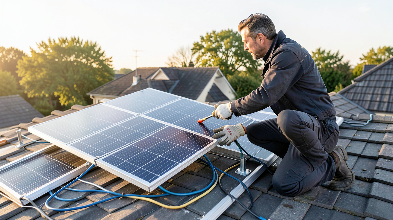 edf installation panneau solaire : technicien EDF installant un panneau solaire sur un toit résidentiel