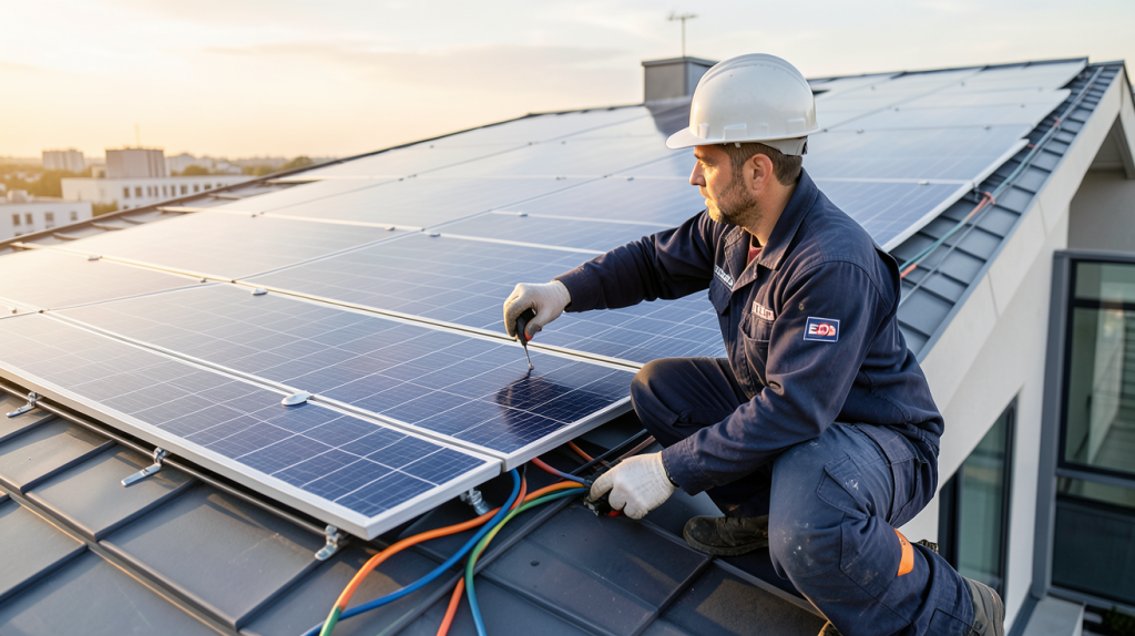 technicien EDF installant des panneaux solaires sur le toit d'une maison urbaine moderne