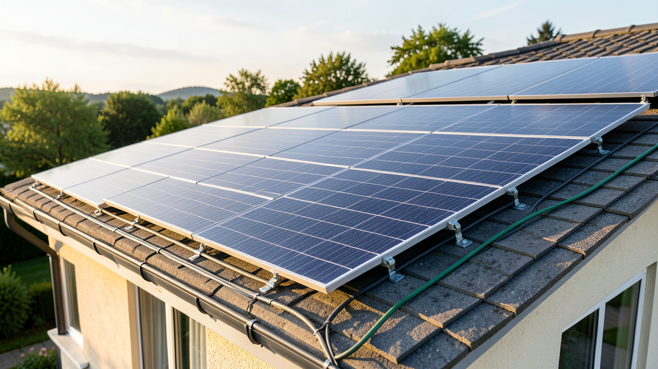 edf installation panneau solaire : panneaux photovoltaïques monocristallins installés sur un toit de maison avec des détails techniques visibles