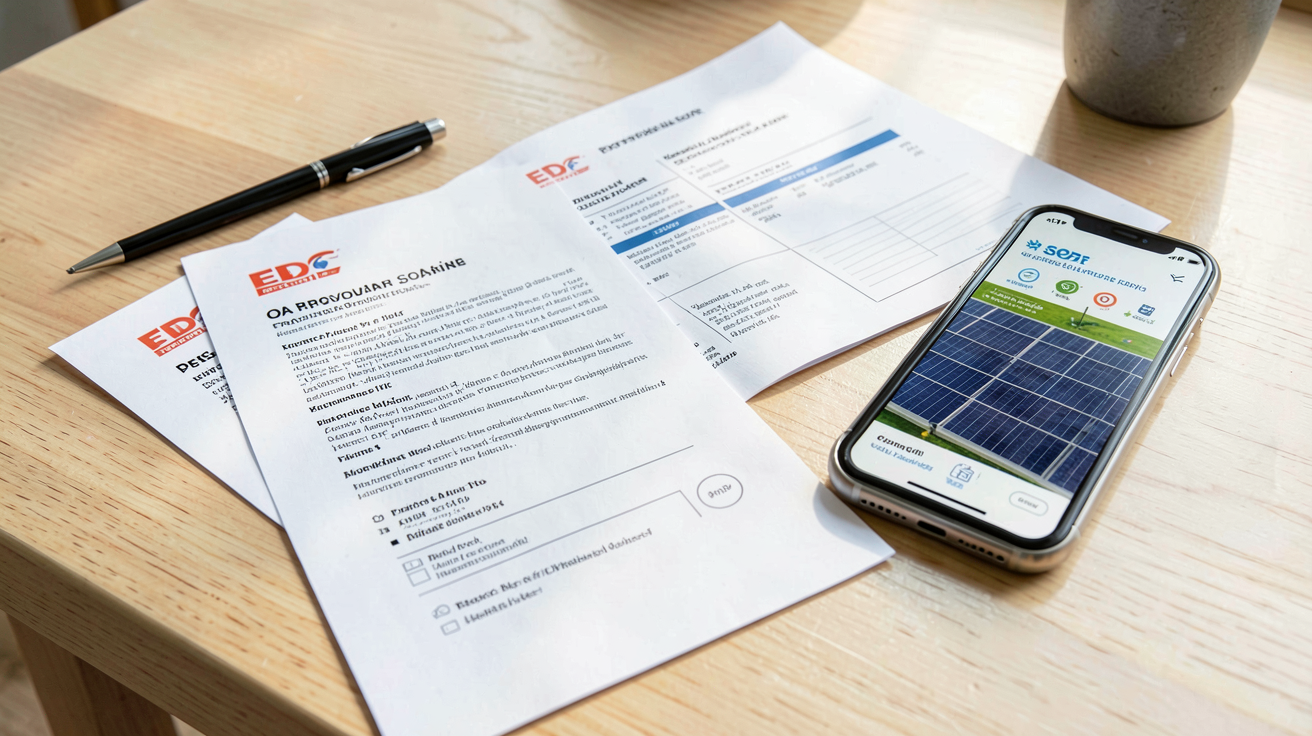edf oa photovoltaique contrat posé sur une table avec documents administratifs et smartphone affichant une simulation solaire