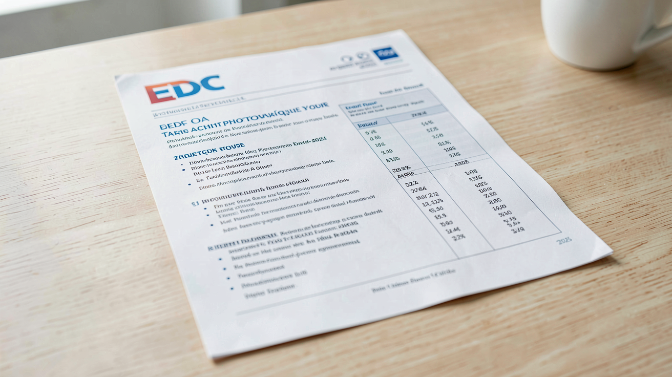 edf oa photovoltaique document officiel des tarifs d'achat 2024-2025 posé sur une table en bois